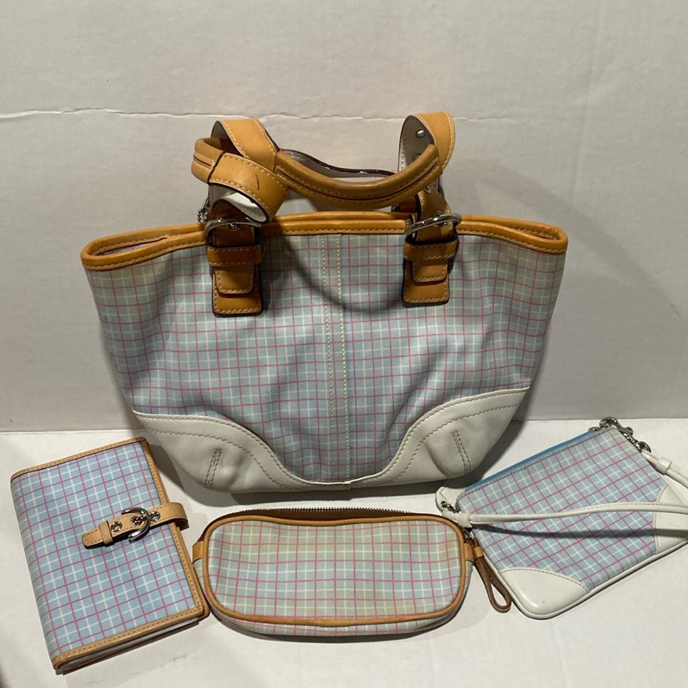 Coach blue plaid purse set
